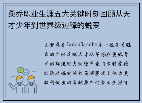 桑乔职业生涯五大关键时刻回顾从天才少年到世界级边锋的蜕变 桑乔职业生涯五大关键时刻回顾从天才少年到世界级边锋的蜕变